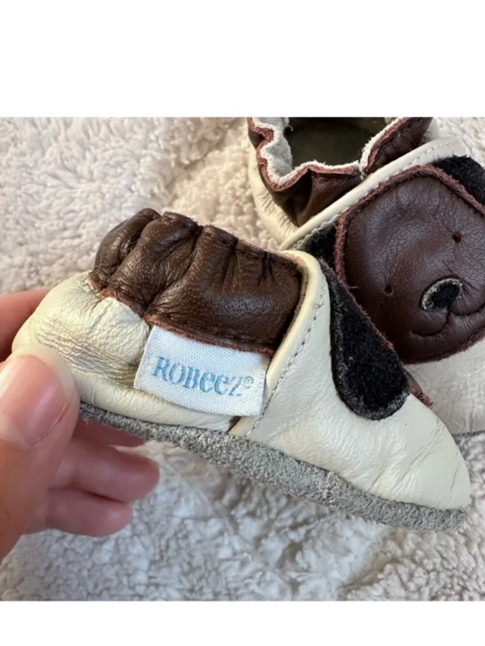 Robeez | Soft Leather Cream and Brown Puppy Moccasin | Size 0-6 Months